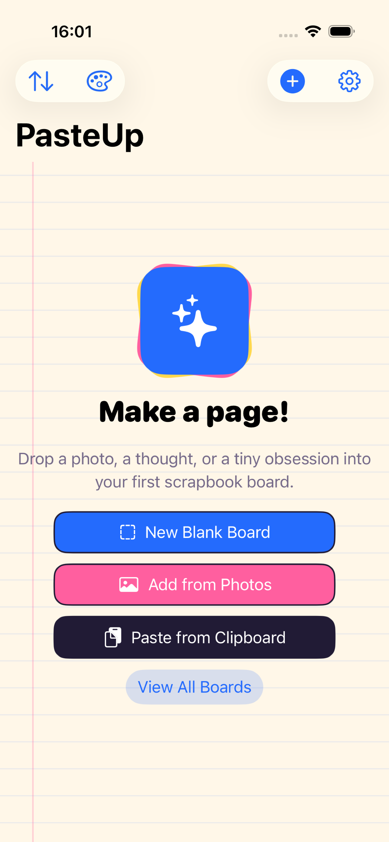 PasteUp welcome screen with options to start a new board, add from Photos, or paste from clipboard