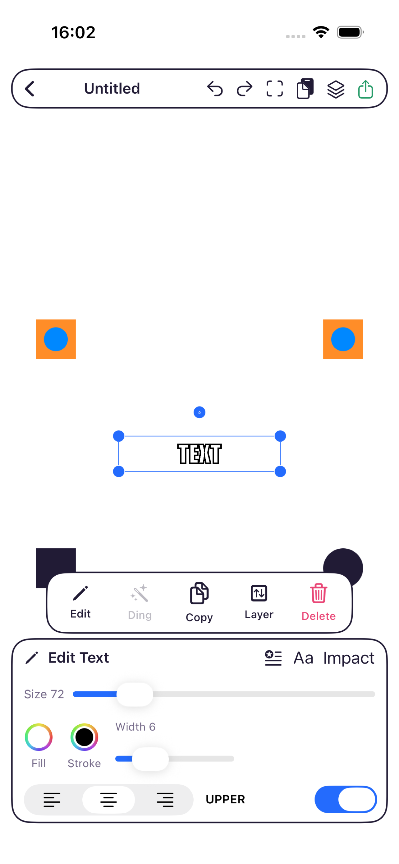 PasteUp editor with text, sticker-like layers, and text styling controls