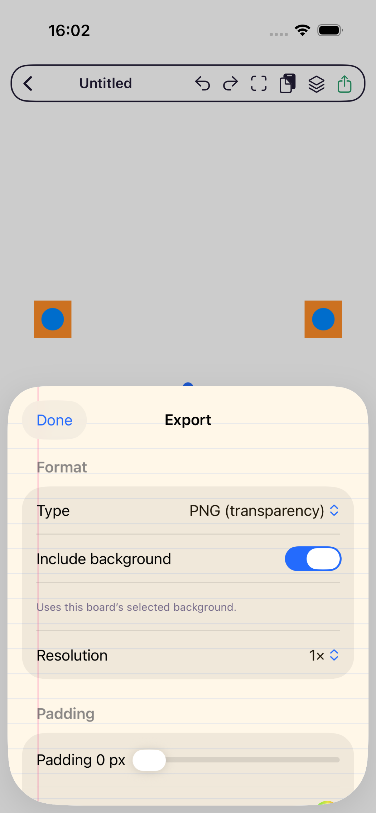 PasteUp export settings for PNG, background, resolution, and padding